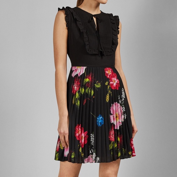Ted Baker Dresses & Skirts - Ted Baker Romanna Tie Neck Pleated Floral Ruffle Trim Dress